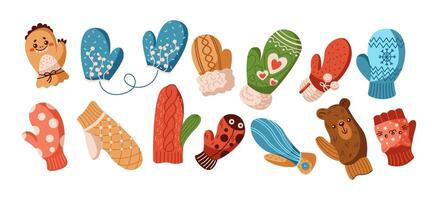 Handmade mittens with childish patterns flat color objects set. Warmth and coziness of winter season illustrations pack on white vector