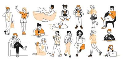 Young adults using smartphones in various situations color line icons set. Youth and mobile technology characters illustrations vector