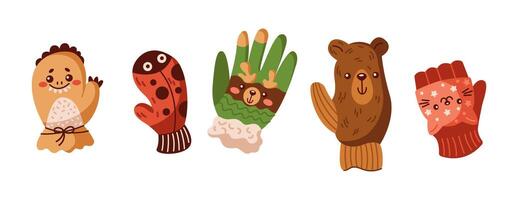 Adorable animal shaped knitted mittens flat color objects set. Bear reindeer cat ladybug and monster designs illustrations pack on white vector
