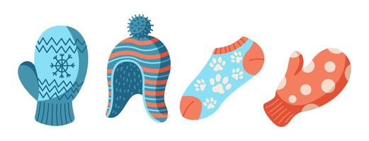 Cozy winter clothes with hat mittens and socks flat color objects set. Stylish warm accessories illustrations pack on white vector
