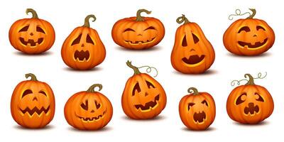 Halloween pumpkin with carved scary faces realistic color icons set. Jack-o-lantern showing variety emotions 3d characters collection vector