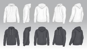 Black and white mockup hoodies realistic illustration set. Casual attire with design template 3d models on grey background vector