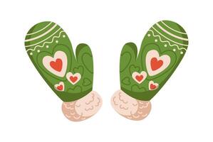 Green knitted mittens with hearts flat color object. Handmade accessory for cozy and romantic atmosphere illustration on white vector