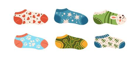 Vibrant knitted low cut socks flat color objects set. Winter footwear fun design bringing touch of whimsy illustrations pack on white vector