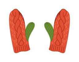 Pair of craft woolen winter mittens with green thumbs flat color object. Handmade cold weather accessories illustration on white vector