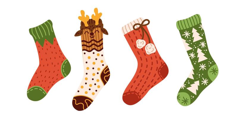 Christmas stockings hanging in row flat color objects set. Long socks with cute patterns prepared for gifts illustrations pack on white background
