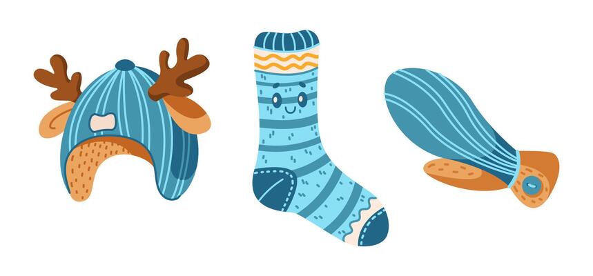 Children winter clothes details flat color objects set. Blue deer hat smiling sock and mitten illustrations pack on white background