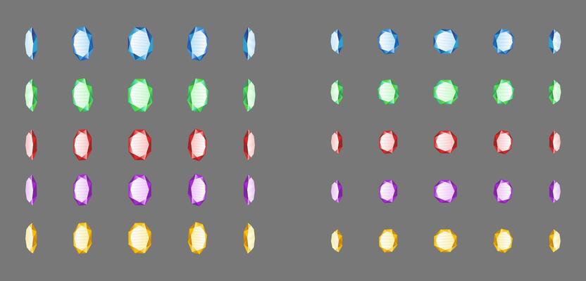 Gemstones of various colors in rotating pattern realistic illustration set. Colorful gems sparkle 3d models on grey background