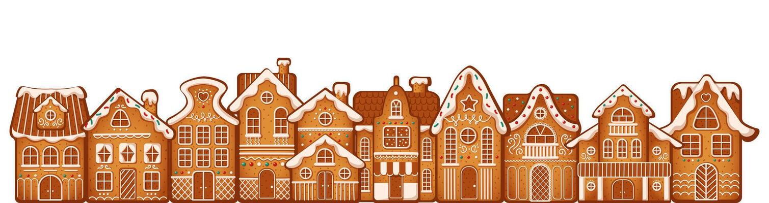 Charming festive gingerbread houses row flat color illustration. Town with intricate icing details cartoon composition on white background