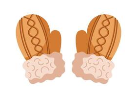 Cozy furry mittens with patter flat color object. Gloves intricate details and textures evoking sense of coziness illustration on white vector