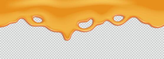 Flowing sweet caramel, honey, maple syrup or sauce. Liquid wave of paint or oil on checkered background. 3d realistic illustration. Top horizontal border of the frame vector