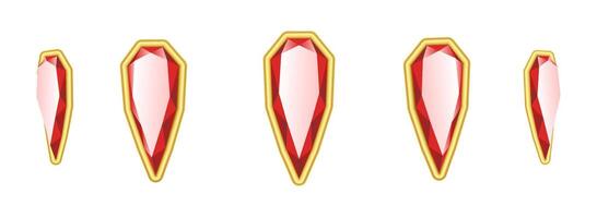 Gleaming red gems adorned with gold edges twirl realistic illustration set. Valuable gemstones 3d models on white background vector