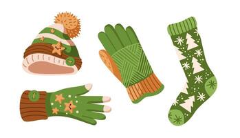 Knitted clothes with warm hat gloves and socks flat color objects set. Christmas patterns on winter clothing illustrations pack on white vector