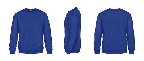 Stylish dark blue sweatshirts mockup illustrations set. Clothes from warm textile for autumn template 3d model on white background vector