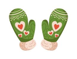 Lovely knitted mittens with hearts pattern flat color object. Warm woolen accessory for cold winter weather illustration on white vector