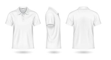Casual white polo shirts front back and side view mockup design realistic illustration set. Classic t-shirt with copyspace 3d models on white background vector