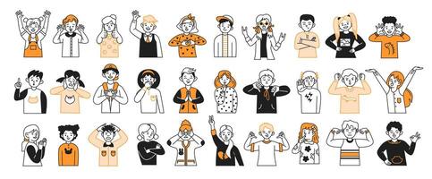 Children showing various emotions and gestures color linear icons set. Capturing essence of childhood through body language on white background vector
