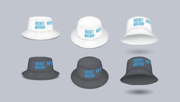 Bucket hats with branding areas realistic illustration set. Mockup headwear in black and white colors template 3d models on grey vector