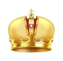 Golden crown adorned with gemstones and velvet realistic illustration. Symbol of power and monarchy 3d object on white background vector
