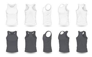 Men tank tops with mockup design realistic illustration set. Clothing for sport and rest with copyspace 3d models on white background vector
