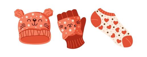 Knitted winter accessories flat color objects set. Stay cozy and fashionable with adorable cat design illustrations pack on white vector