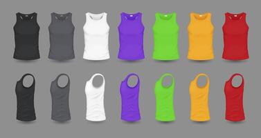 Multicolor men tank tops with mockup design realistic illustration set. Summer shirts with copyspace 3d models on grey background vector
