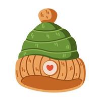 Knitted green and brown winter hat with heart flat color object. Cute accessory for children illustration on white background vector