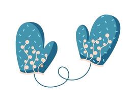 Pair of blue mittens with cute pattern and string flat color object. Clothing waiting to warm up cold hands illustration on white vector
