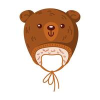 Knitted winter hat with bear face and strings for tying flat color object. Stylish accessory illustration on white background vector