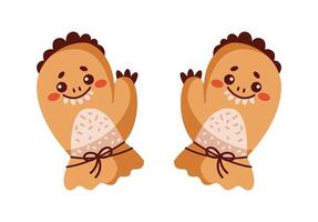 Funny knitted mittens monster shaped flat color object. Friendly dinosaurs gloves waving hands illustration on white background vector
