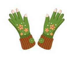 Green star patterned mittens flat color object. Whimsy design of warm winter outfit elements illustration on white background vector