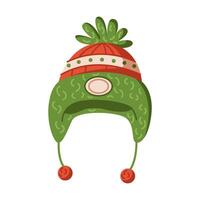 Knitted hat with leaf pompom and strings for tying flat color object. Warm accessory for cold weather illustration on white background vector