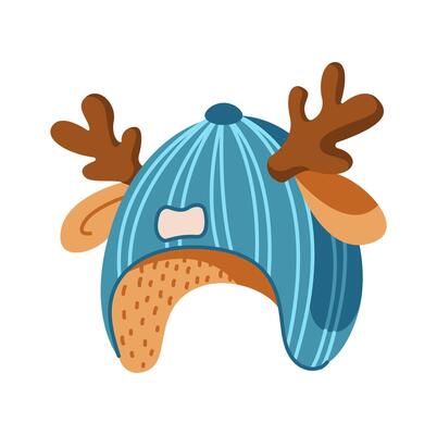 Cute knitted winter hat with reindeer antlers flat color object. Warm accessory for children illustration on white background