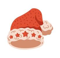 Festive red Santa hat with stars flat color object. Knitted accessory for Christmas celebrations illustration on white background vector