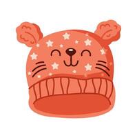 Cute knitted hat with ears and cat face flat color object. Winter accessory suitable for children illustration on white background vector