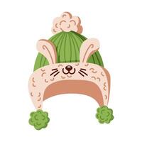 Knitted winter hat with bunny ears and pompoms flat color object. Cute accessory for children illustration on white background vector