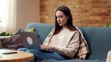 A young woman is focused on her laptop while seated on a cozy sofa, surrounded by soft cushions and natural light coming through a window, creating a warm atmosphere for productivity. video