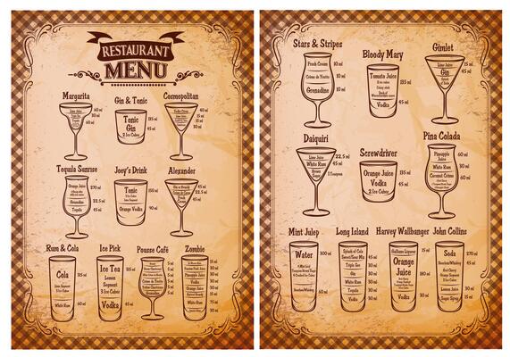 menu template for alcoholic beverages for restaurant