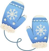 Blue knitted mittens with snowflake pattern. Warm winter gloves. isolated element vector