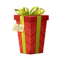 Tall Christmas gift box. Rectangular red package with green bow and Merry Christmas label. isolated element vector