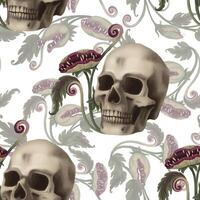 Halloween Seamless pattern with carnivorous plant and skull in cartoon style. Hand drawn endless holiday background design. Mystical texture surface for autumn textile and spooky season craft. vector