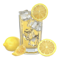 Lemonade with lemon slices and ice cubes in a glass 3d style on clear background png