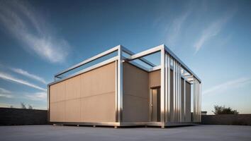 A modern house with a metal frame and a roof photo