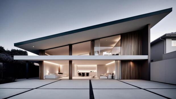 Modern house with large glass windows and white walls photo