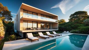 Modern villa with swimming pool and lounge chairs photo