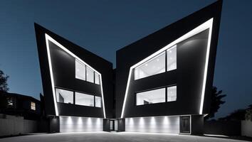 The house is lit up at night with black and white lights photo