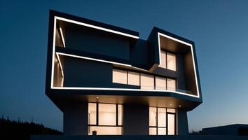 Modern house with lights on at night photo