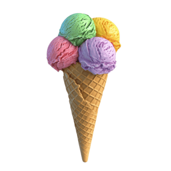 ijs room ijshoorntje met meerdere kleurrijk scheppen 3d stijl en een getextureerde wafel ijshoorntje png