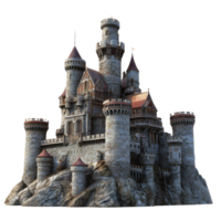 Imposing 3D castle perched on a cliff overlooking a shimmering fantasy realm png