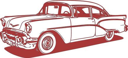 An old car is shown in red and white vector